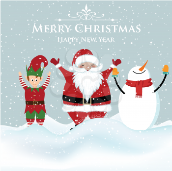 Santa, elf and snowman. Christmas card.  Print. Vector
