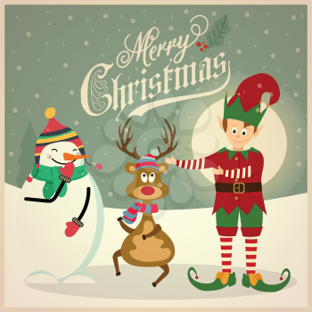 Cute elf with snowman and reindeer. Christmas card. Flat design. Vector