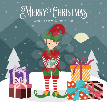  Christmas card with elf and gift box. Flat design. Vector