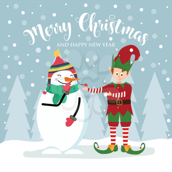 Christmas card with cute elf and snowman. Flat design. Vector