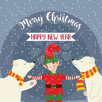 Christmas card with elf and polar bears. Flat design. Vector