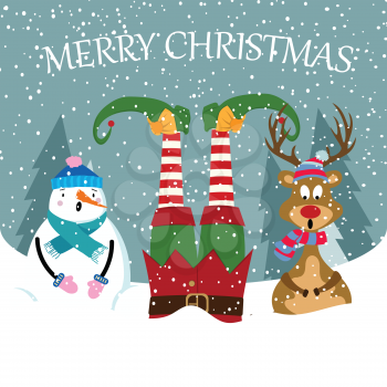 funny Christmas card with elf, snowman and reindeer. Christmas poster. Vector