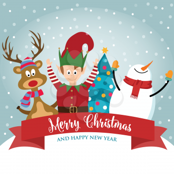 Christmas card with cute elf, snowman and reindeer. Flat design. Vector
