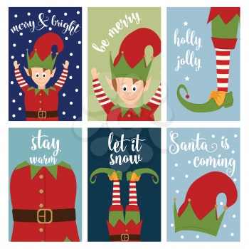 Christmas card collection with elves. Labels. Stickers. Flat design