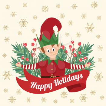 Funny Christmas card with tree branches and little elf. Christmas greetings card