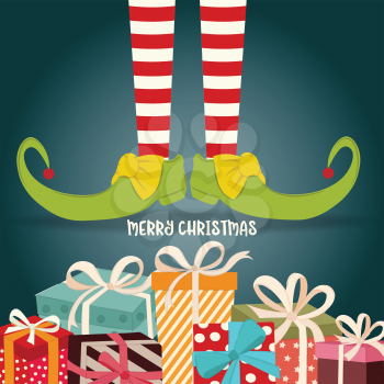  Christmas card with elf legs and presents. Flat design