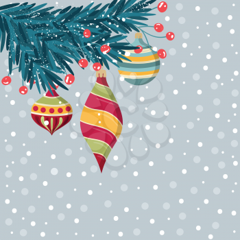Beautiful Christmas catd with fir branches and baubles. Flat design