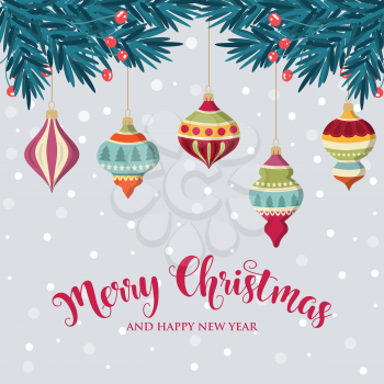 Christmas background with hanging balls. Flat design. Christmas card.