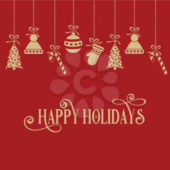 Red Christmas card with golden small  symbols. Flat design.