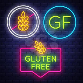 Gluten Free badge collection . Allergy sign. Neon sign. Vector