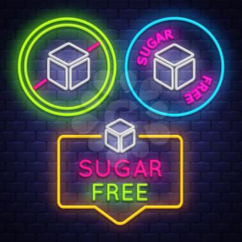 Sugar Free badge collection . Diabet sign. Neon sign. Vector