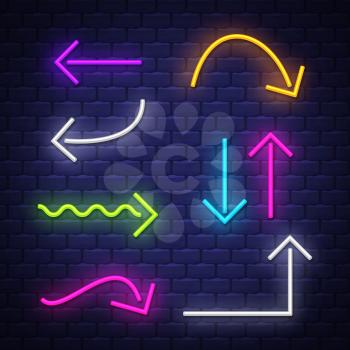 Big collection neon arrows. Neon arrows symbols design elements. Vector