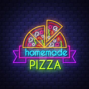 Homemade Pizza - Neon Sign Vector. Homemade Pizza - neon sign on brick wall background, design element, light banner, announcement neon signboard, night advensing. Vector Illustration