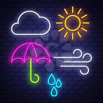 Weather neon signs collection.  Weather signs. Neon signs. Vector