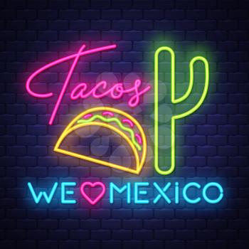 Tacos- Neon Sign Vector. Tacos -  Badge in neon style on brick wall background, design element, light banner, announcement neon signboard, night advensing. Vector Illustration