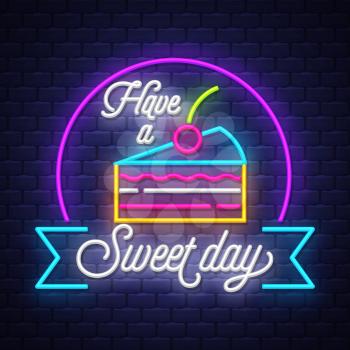 Sweet food- Neon Sign Vector. Sweet food -  Badge in neon style on brick wall background, design element, light banner, announcement neon signboard, night advensing. Vector Illustration