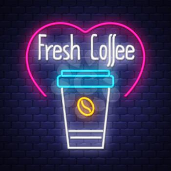 Fresh Coffee- Neon Sign Vector. Fresh Coffee -  Badge in neon style on brick wall background, design element, light banner, announcement neon signboard, night advensing. Vector Illustration
