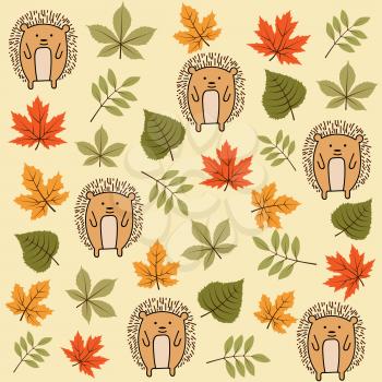 Doodle autumn seamless pattern with leaves and hedgehogs