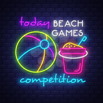 Beach games competition. Summer holiday banner. Neon banner. Neon sign. Vector.