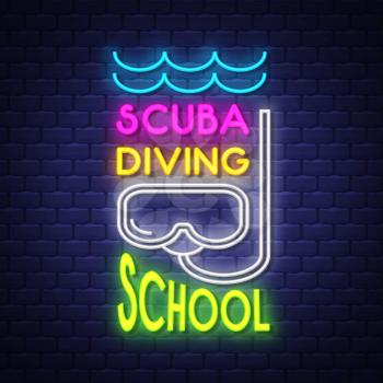 Scuba diving school. Summer holiday banner. Neon banner. Neon sign. Vector.