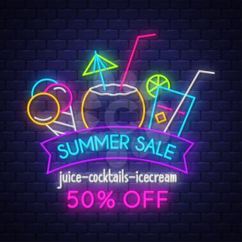 Summer sale banner for drinks. Neon sign lettering. Vector