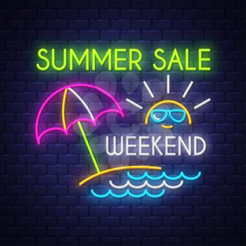 Summer sale weekend banner. Neon sign lettering. Vector