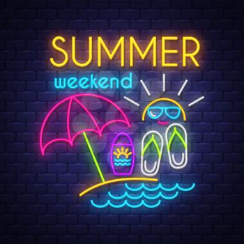 Summer weekend. Summer holiday banner. Neon banner. Neon sign. Vector.
