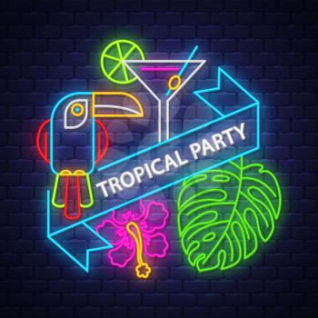 Tropical summer holiday banner. Neon banner. Vector.