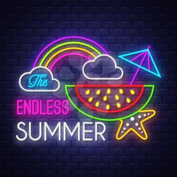 The endless summer. Summer holiday banner. Neon banner. Neon sign. Vector.