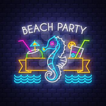 Beach party. Summer holiday banner. Neon banner. Neon sign. Vector.