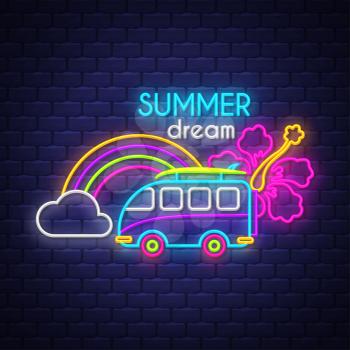 Summer holiday poster. Neon summer banner. Vector.
