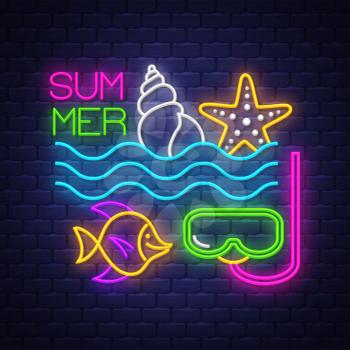 Summer holiday poster. Neon summer banner. Vector.