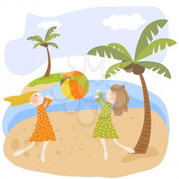 Two girls play the ball on the beach , Summer holiday poster