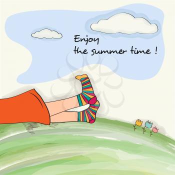 Funny  feet on green grass. Watercolor summer holiday poster