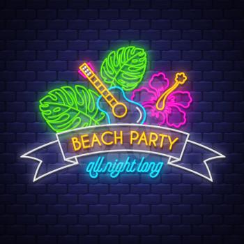Beach party. Summer holiday banner. Neon banner. Neon sign. Vector.