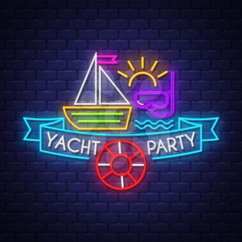 Yacht party. Summer holiday banner. Neon banner. Neon sign. Vector.