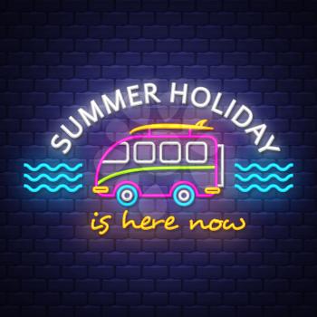 Sunmmer caravan, Summer holiday banner. Neon banner. Neon sign. Vector.