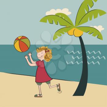 Cute girl play the ball on the beach , Summer holiday poster