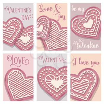 Love card  collection with pink heart cookies. Flat design