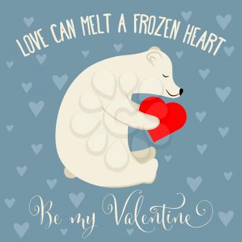 Valentine's day card with polar bear. Flat design