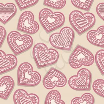 Love seamless pattern with pink heart cookies. Valentine pattern