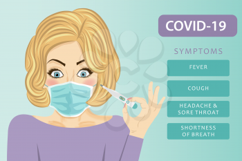 Young woman with medical mask. Coronavirus disease, Covid-19. Vector