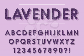 Modern 3D lavender Alphabet Letters, Numbers and Symbols. Purple Typography . Vector