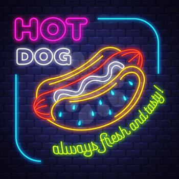 Hot Dog - Neon Sign Vector. Hot Dog - neon sign on brick wall background, design element, light banner, announcement neon signboard, night advensing. Vector Illustration.
