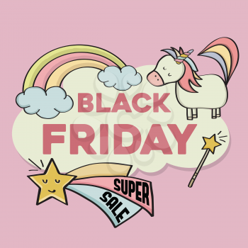 Black friday banner with magical elements for kids shop.  Vector