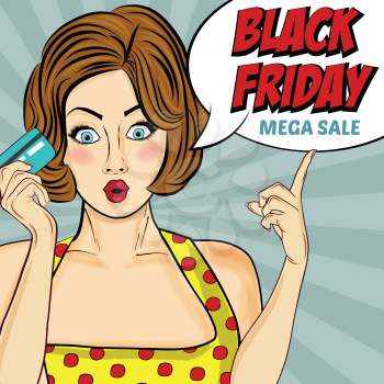 Black friday banner with pin-up girl. Retro style. Vector