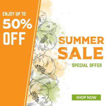 Summer Sale banner template with poppies. Sales ad template for the web site, social media, shop, flyer and more.