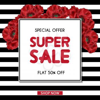 Super Sale banner template with poppies. Sales ad template for the web site, social media, shop, flyer and more.