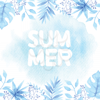 cute watercolor summer banner with tropical blue leaves