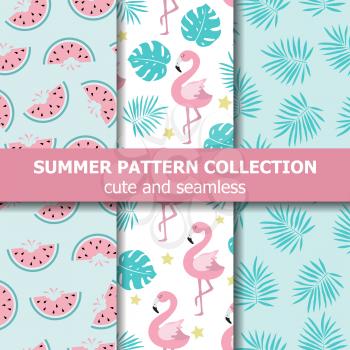 Exotic summer pattern collection. Flamingo and watermelon theme, Summer banner. Vector
